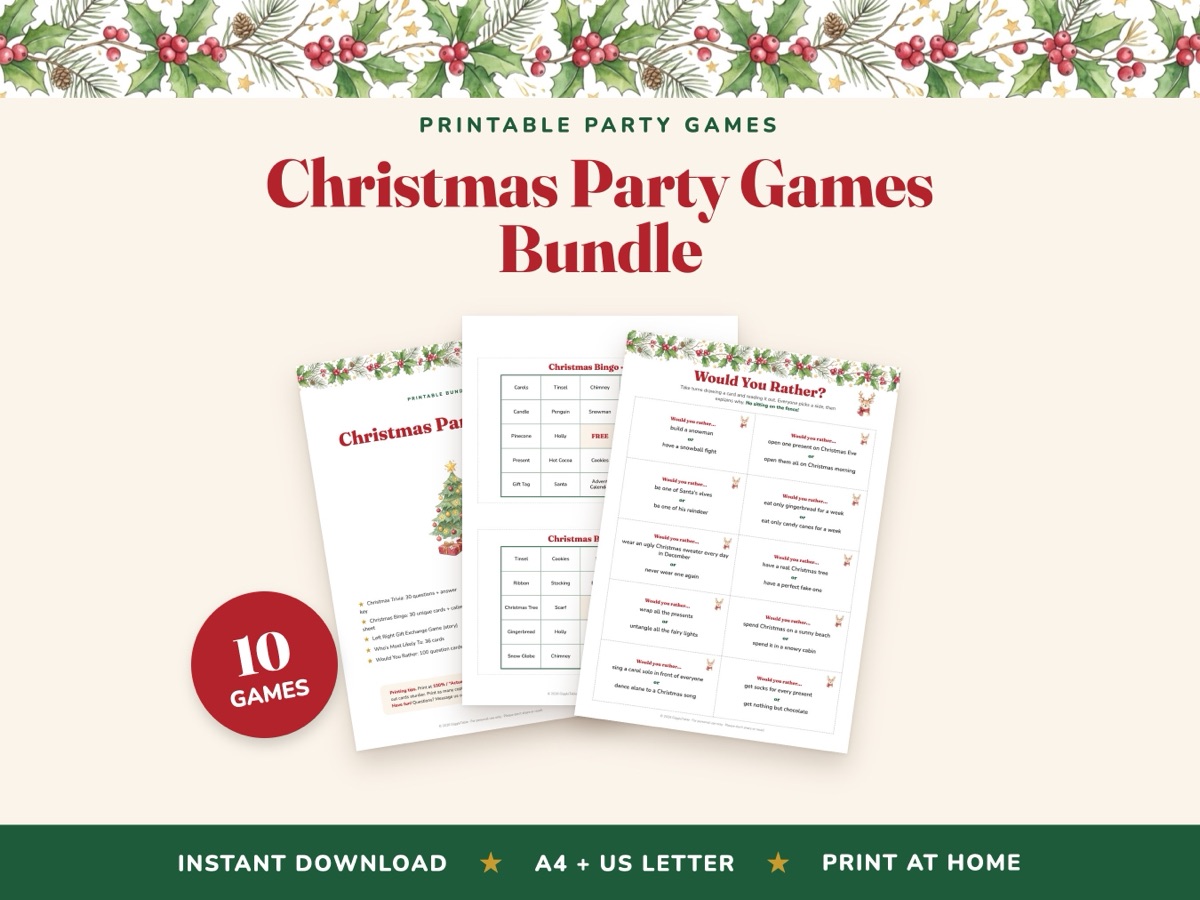 Christmas Party Games Bundle: printable trivia, bingo and Would You Rather pages